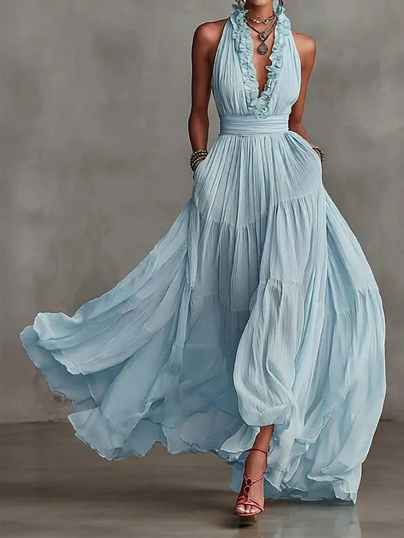 Seraphina | Women's Halter Neck Ruffle Trim Chiffon Maxi Dress