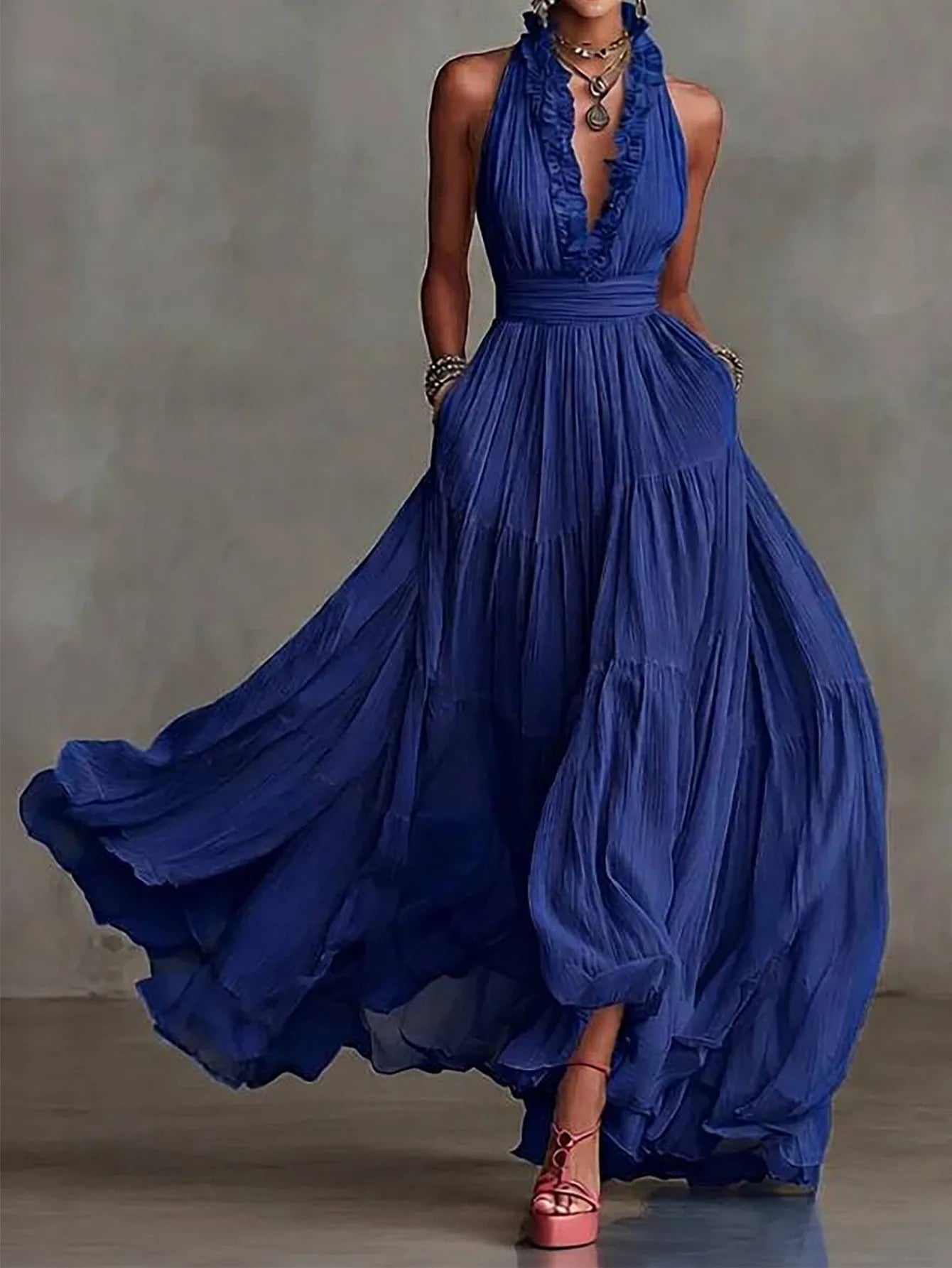 Seraphina | Women's Halter Neck Ruffle Trim Chiffon Maxi Dress