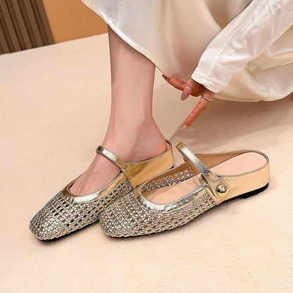 Sienna | Women's Flat Mules Woven Mary Jane Slip On Gold