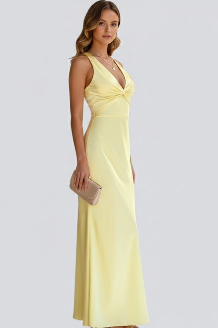 Bianca | Deep V Neck Twisted Knot Halter Satin Bodycon Elegant Maxi Dress