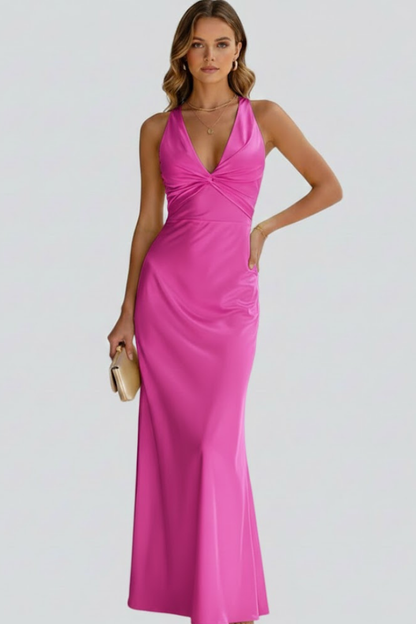 Bianca | Deep V Neck Twisted Knot Halter Satin Bodycon Elegant Maxi Dress