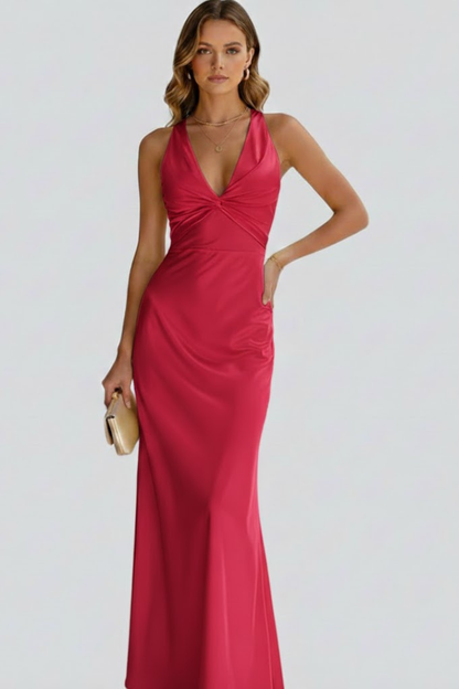 Bianca | Deep V Neck Twisted Knot Halter Satin Bodycon Elegant Maxi Dress