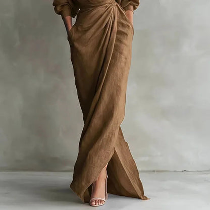 Nadia | Deep V Neck Wrap Twist Waist Long Sleeve Maxi Elegant Dress