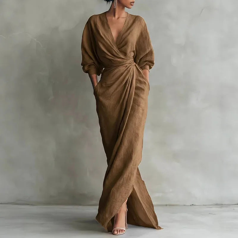 Nadia | Deep V Neck Wrap Twist Waist Long Sleeve Maxi Elegant Dress