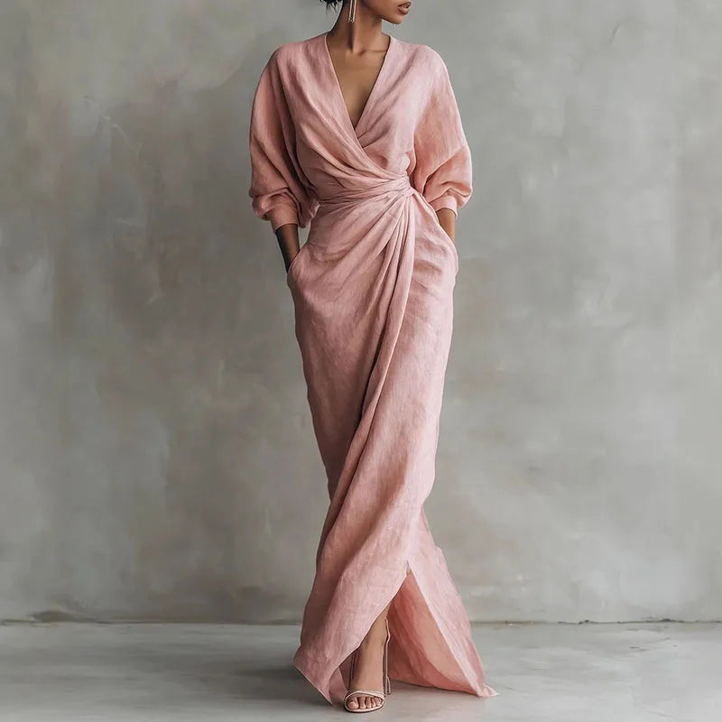 Nadia | Deep V Neck Wrap Twist Waist Long Sleeve Maxi Elegant Dress