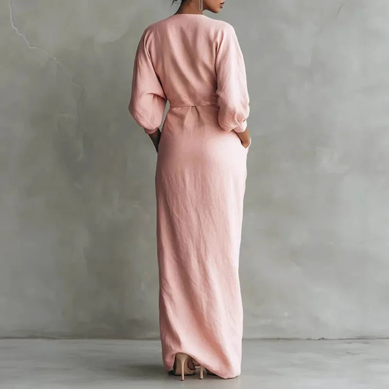 Nadia | Deep V Neck Wrap Twist Waist Long Sleeve Maxi Elegant Dress