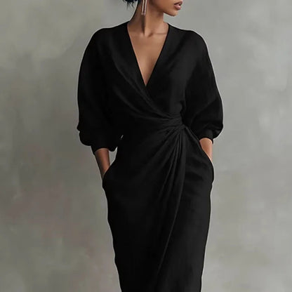 Nadia | Deep V Neck Wrap Twist Waist Long Sleeve Maxi Elegant Dress