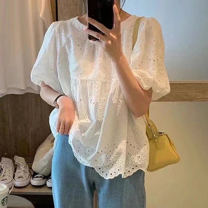 Marcia | Broderie Anglaise Puff Sleeve Loose Casual Blouse