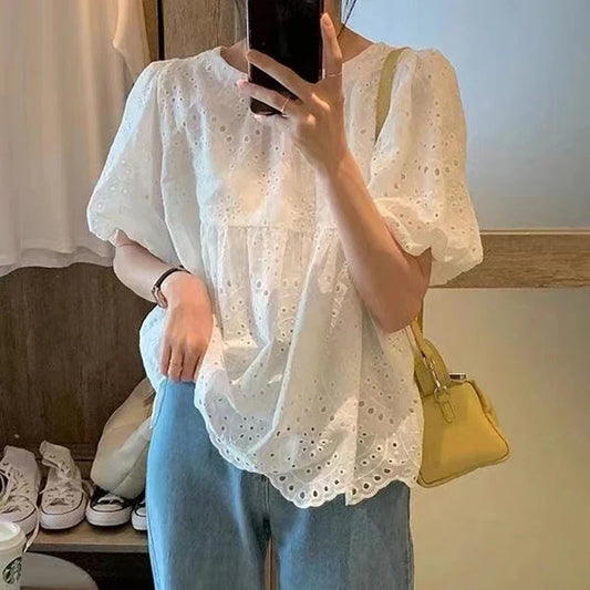 Marcia | Broderie Anglaise Puff Sleeve Loose Casual Blouse
