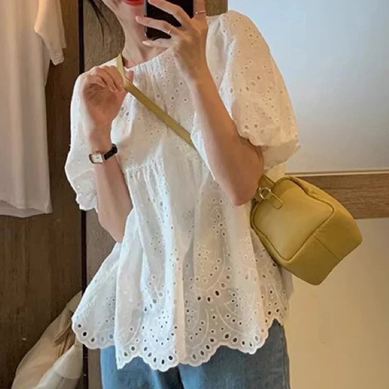 Marcia | Broderie Anglaise Puff Sleeve Loose Casual Blouse