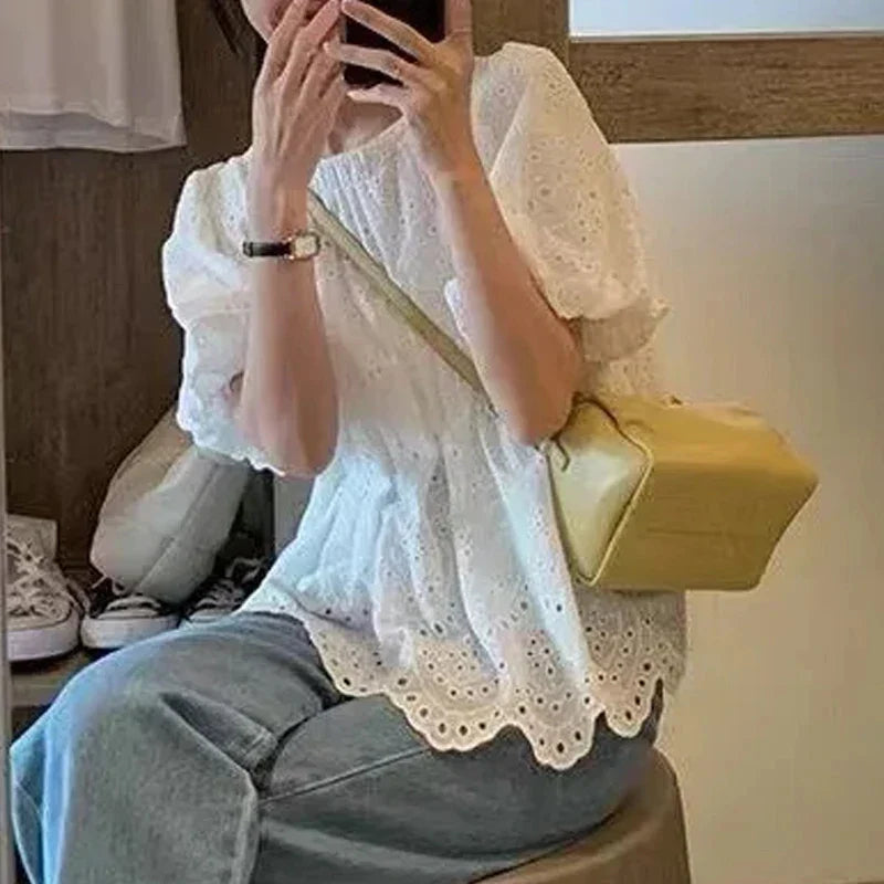 Marcia | Broderie Anglaise Puff Sleeve Loose Casual Blouse