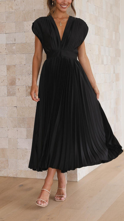 Ella | Deep V Neck Satin Pleated Midi Wedding Guest Dress