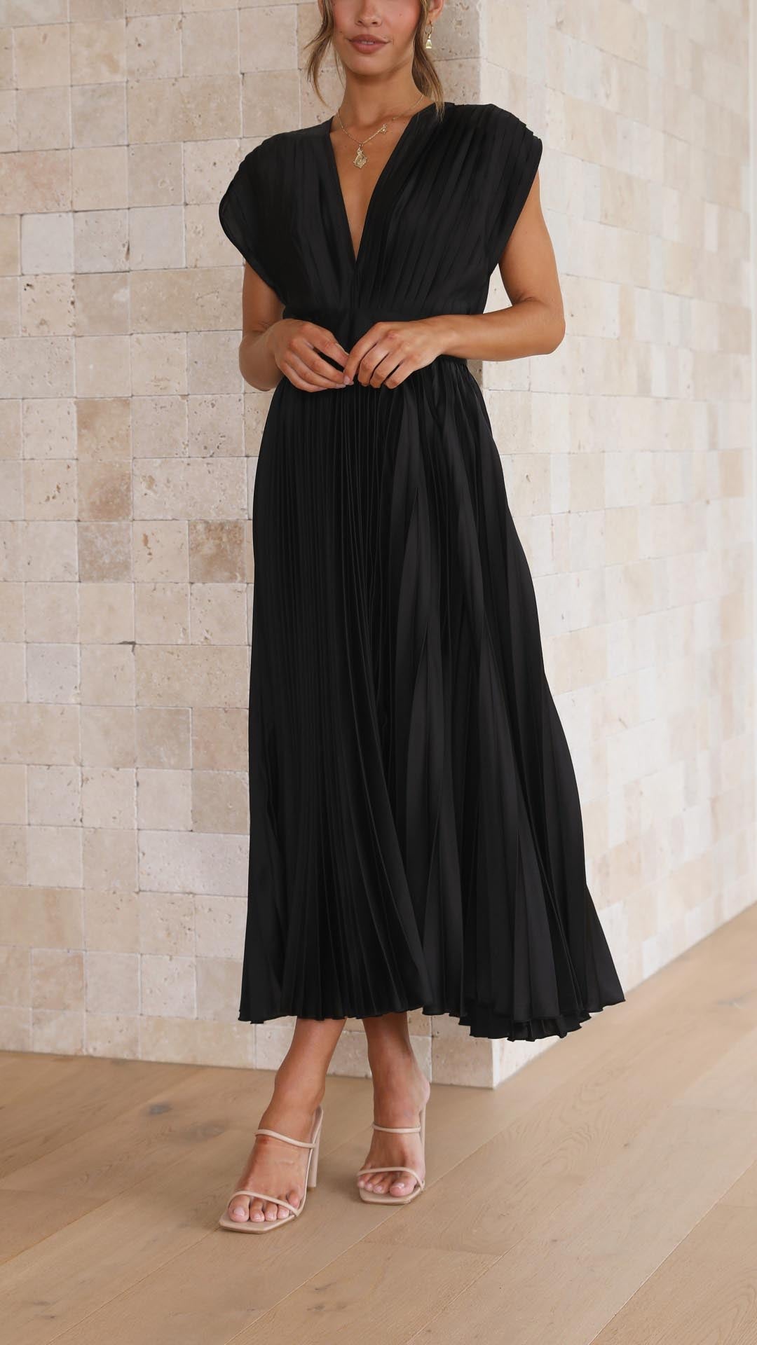 Ella | Deep V Neck Satin Pleated Midi Wedding Guest Dress