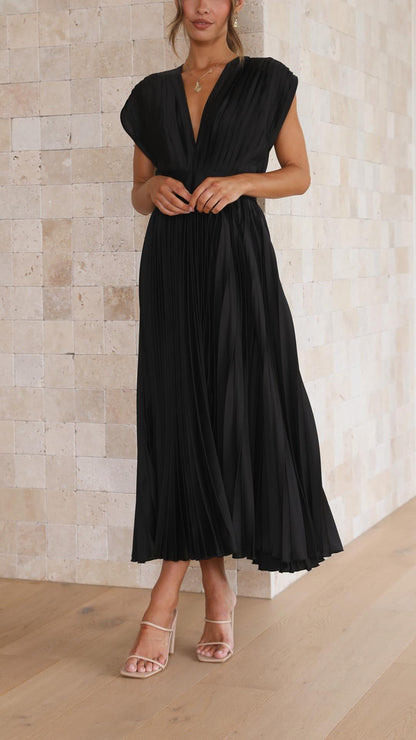 Ella | Deep V Neck Satin Pleated Midi Wedding Guest Dress