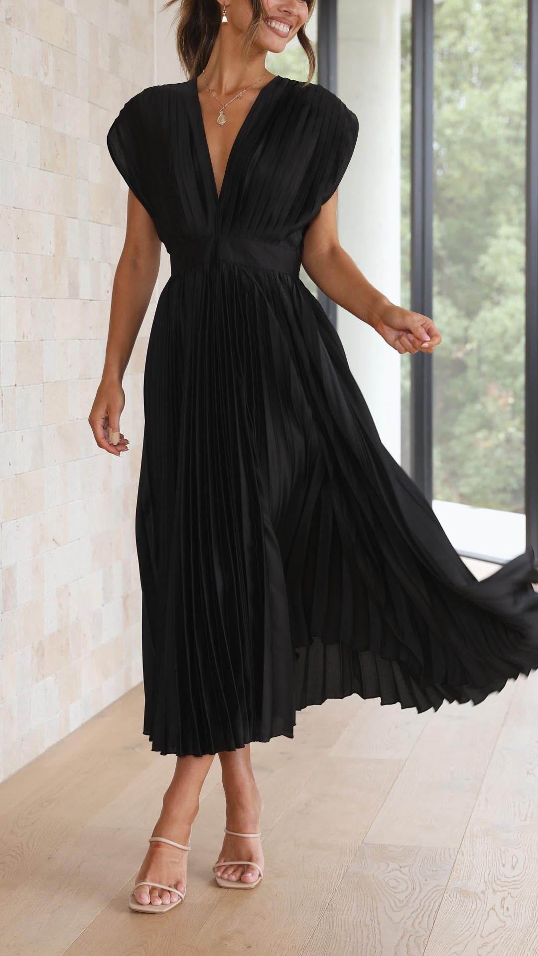 Ella | Deep V Neck Satin Pleated Midi Wedding Guest Dress