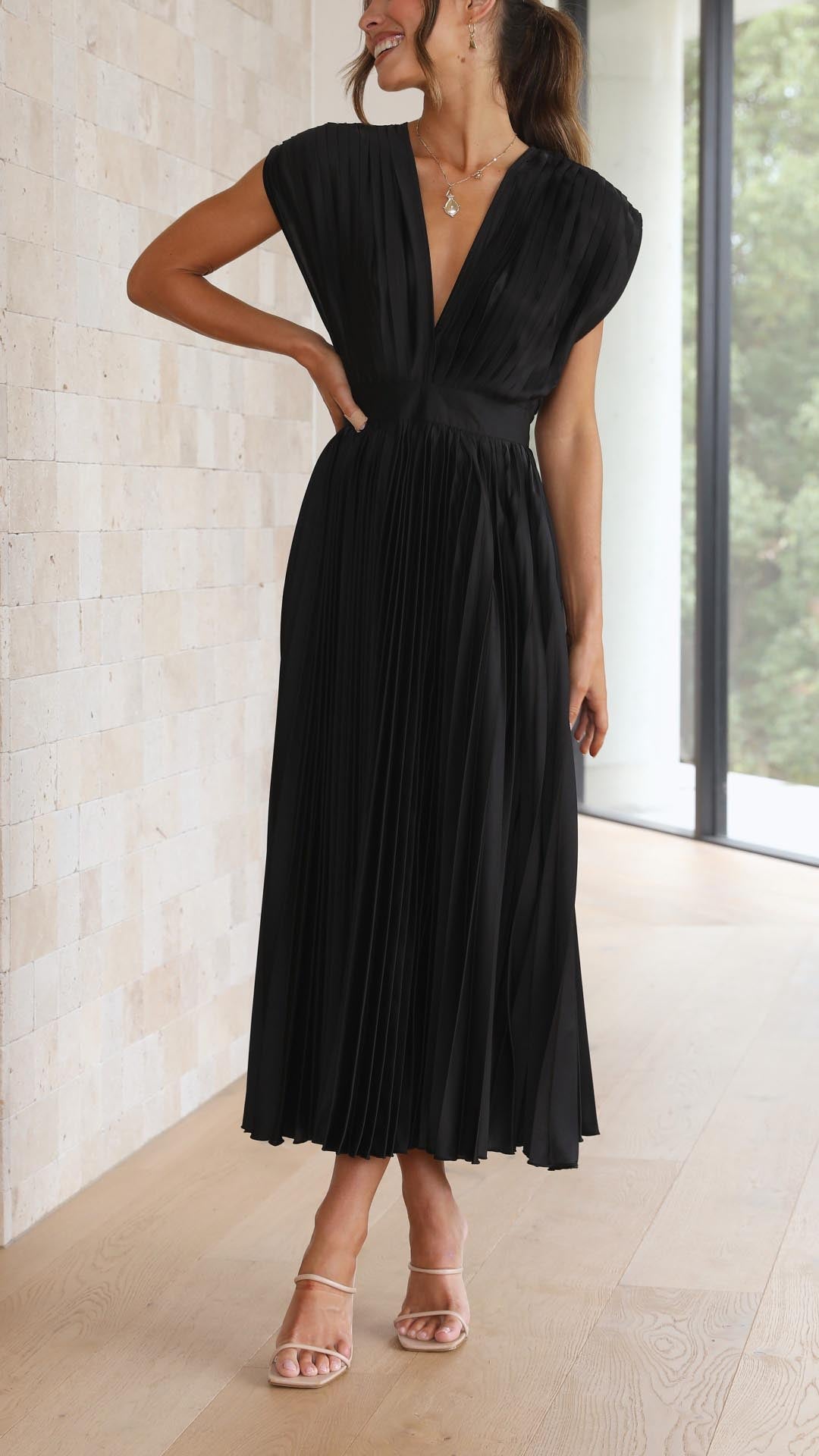 Ella | Deep V Neck Satin Pleated Midi Wedding Guest Dress