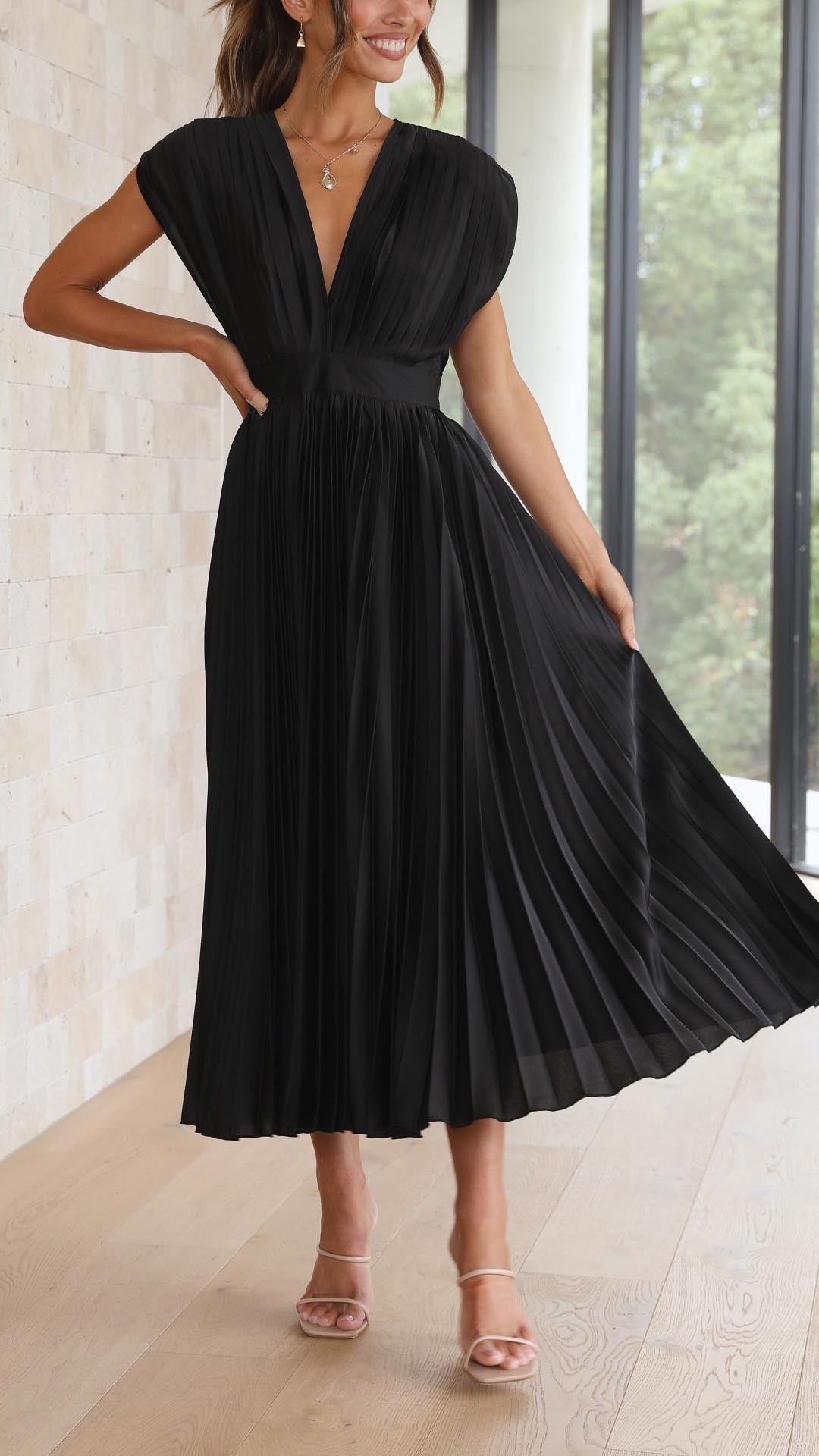 Ella | Deep V Neck Satin Pleated Midi Wedding Guest Dress
