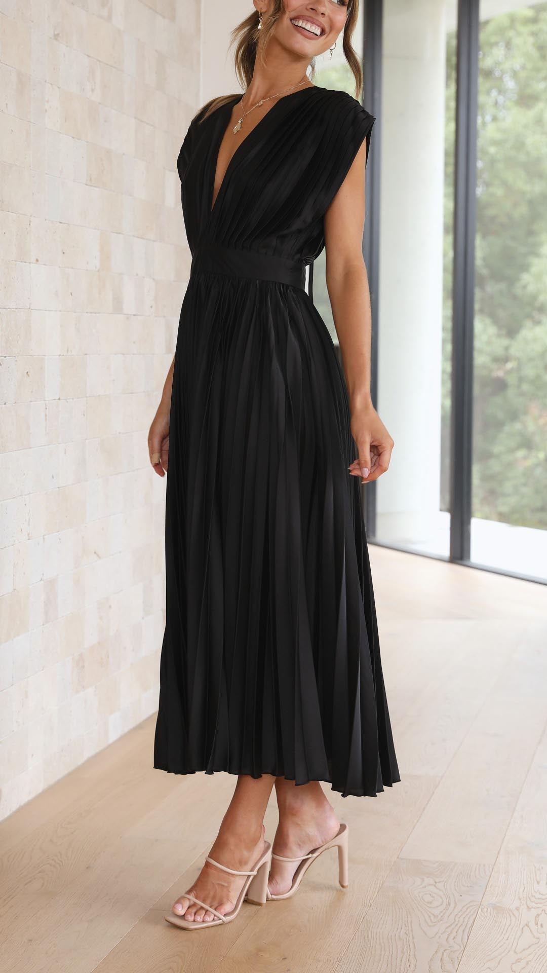 Ella | Deep V Neck Satin Pleated Midi Wedding Guest Dress