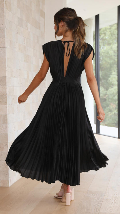 Ella | Deep V Neck Satin Pleated Midi Wedding Guest Dress