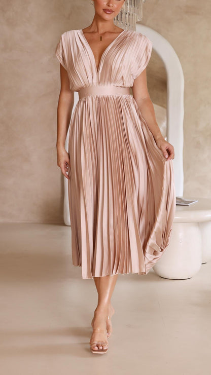 Ella | Deep V Neck Satin Pleated Midi Wedding Guest Dress