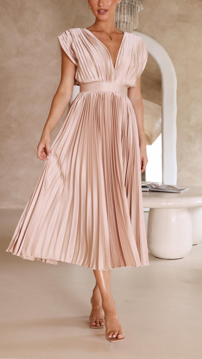Ella | Deep V Neck Satin Pleated Midi Wedding Guest Dress