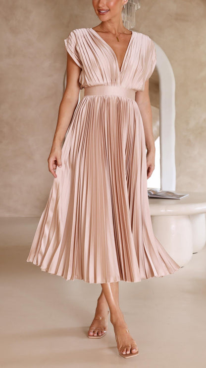 Ella | Deep V Neck Satin Pleated Midi Wedding Guest Dress