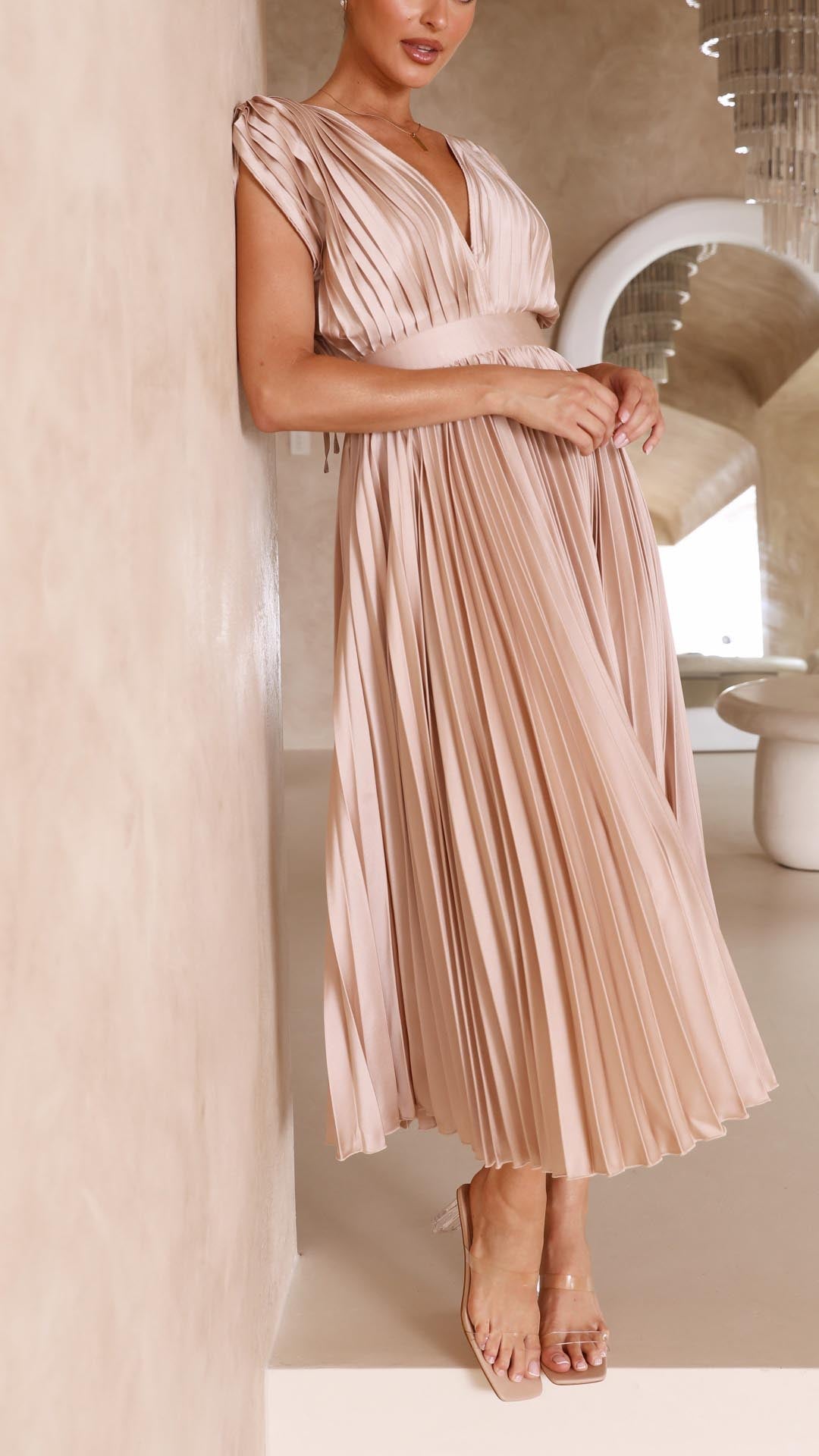 Ella | Deep V Neck Satin Pleated Midi Wedding Guest Dress
