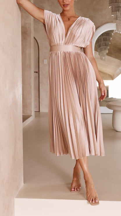Ella | Deep V Neck Satin Pleated Midi Wedding Guest Dress