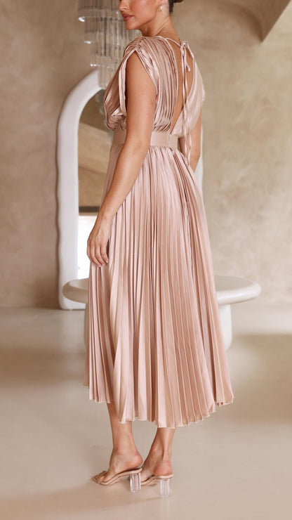 Ella | Deep V Neck Satin Pleated Midi Wedding Guest Dress