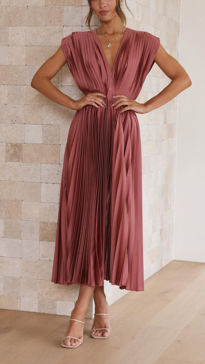 Ella | Deep V Neck Satin Pleated Midi Wedding Guest Dress