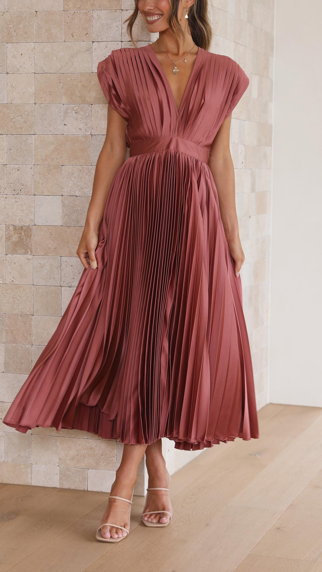 Ella | Deep V Neck Satin Pleated Midi Wedding Guest Dress