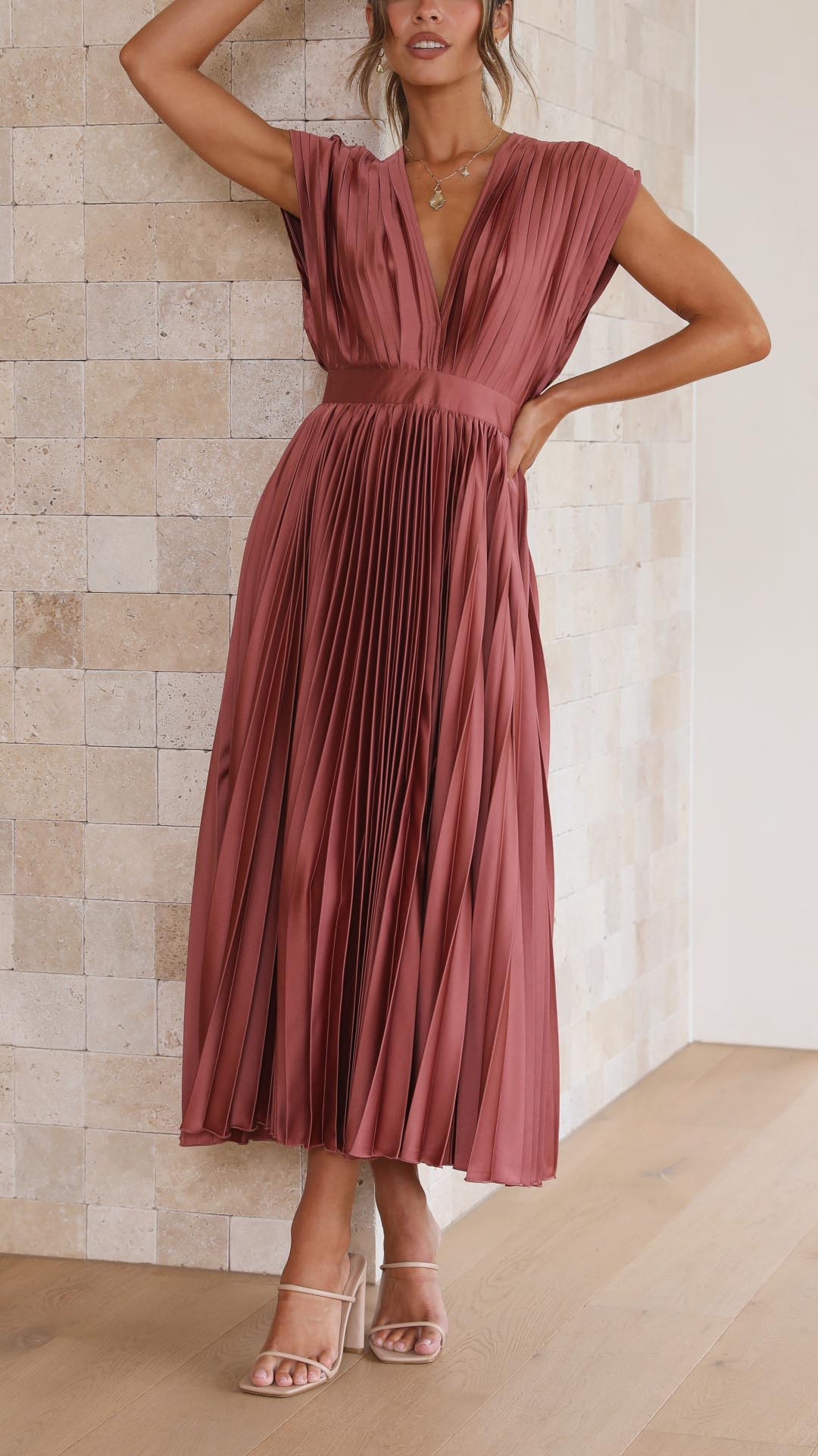 Ella | Deep V Neck Satin Pleated Midi Wedding Guest Dress