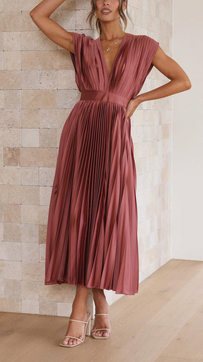 Ella | Deep V Neck Satin Pleated Midi Wedding Guest Dress