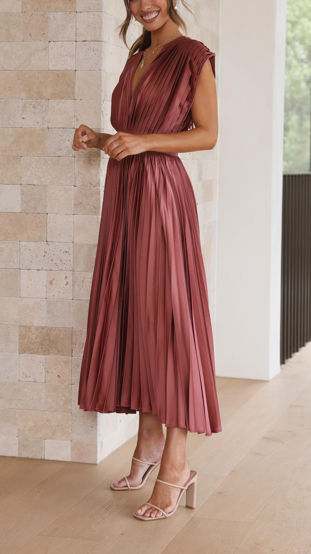 Ella | Deep V Neck Satin Pleated Midi Wedding Guest Dress