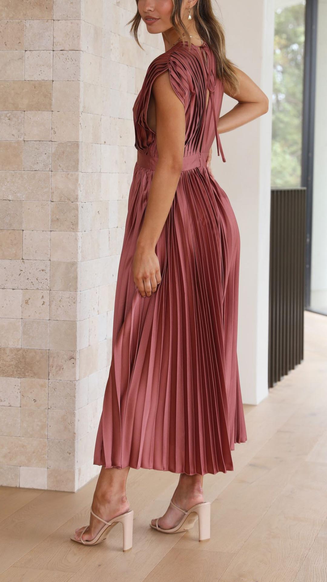 Ella | Deep V Neck Satin Pleated Midi Wedding Guest Dress
