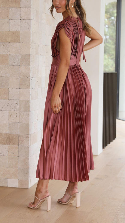 Ella | Deep V Neck Satin Pleated Midi Wedding Guest Dress