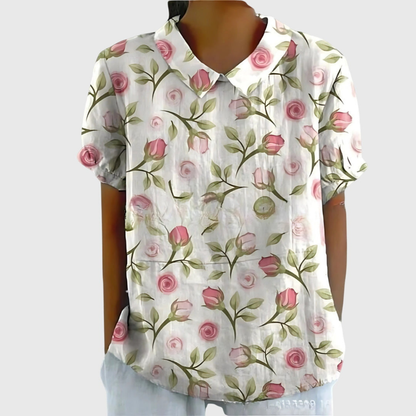 Thea | Women's Linen Blend Floral Short Sleeve Collared Blouse