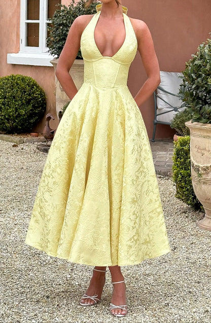 Triana | Yellow Floral Jacquard Halter Neck Midi Wedding Guest Dress