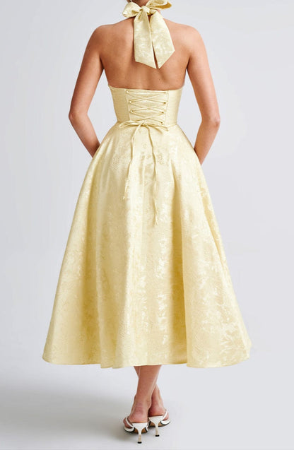 Triana | Yellow Floral Jacquard Halter Neck Midi Wedding Guest Dress