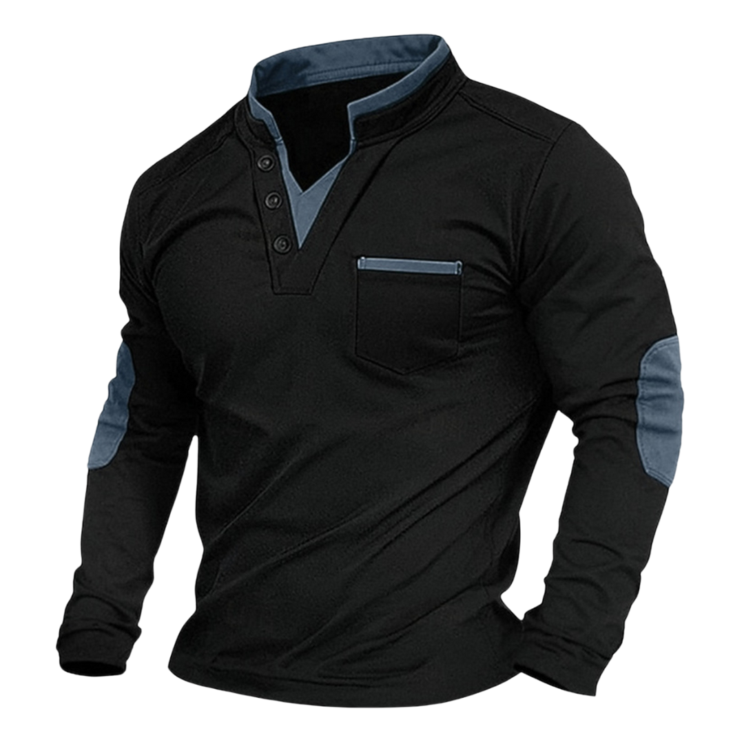  Garrick | Men's Henley Contrast Stand Collar Elbow Patch Long Sleeve Sweatshirt