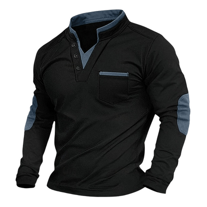  Garrick | Men's Henley Contrast Stand Collar Elbow Patch Long Sleeve Sweatshirt