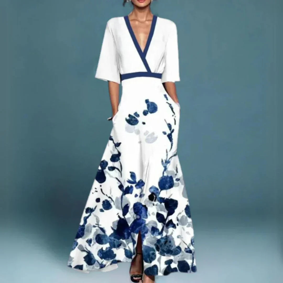 Eden | Floral Embroidered Deep V Neck A-Line Maxi Wedding Guest Dress