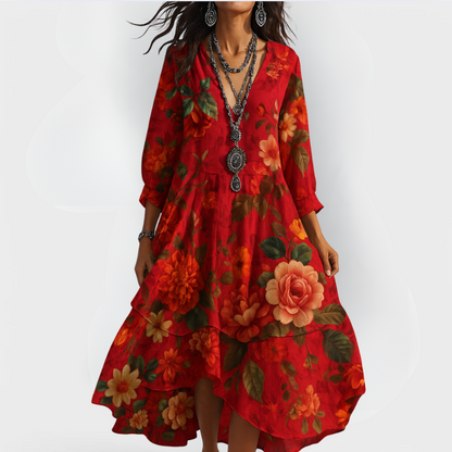 Flora | Floral V Neck 3/4 Sleeve Tiered Loose Boho Midi Dress