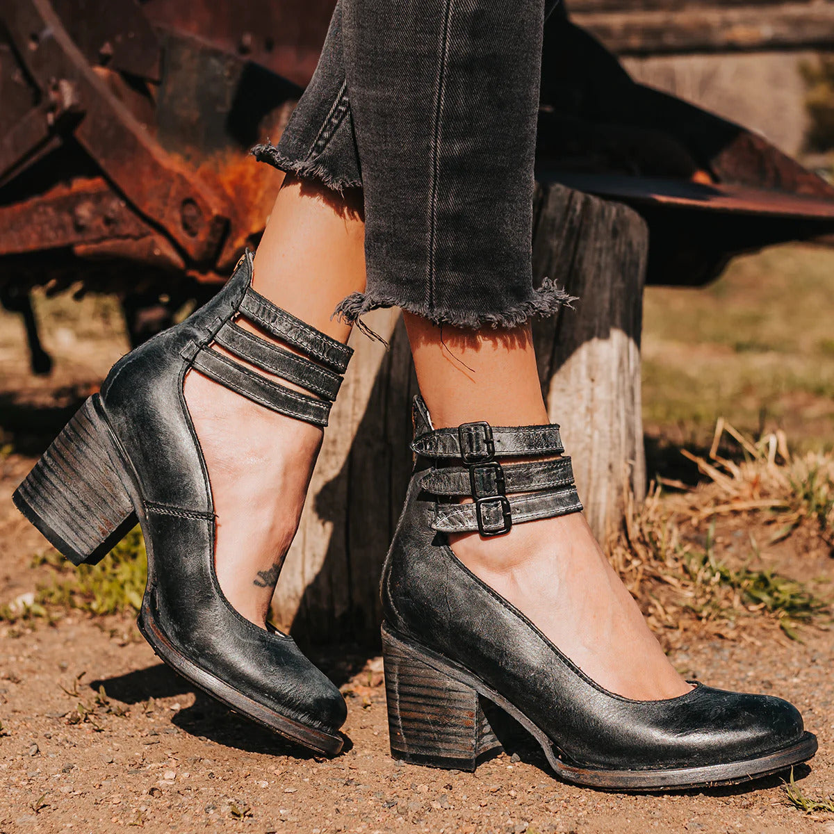 Verona | Double Buckle Ankle Strap Stacked Block Heel Boot