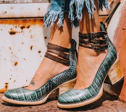 Verona | Double Buckle Ankle Strap Stacked Block Heel Boot