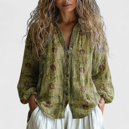 Mykayla | Printed V Neck Long Sleeve Contrast Trim Boho Blouse