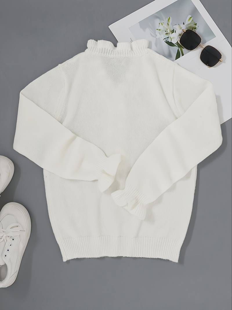 Kristi | Ruffle Trim V Neck Jewel Button Long Sleeve Knit Blouse