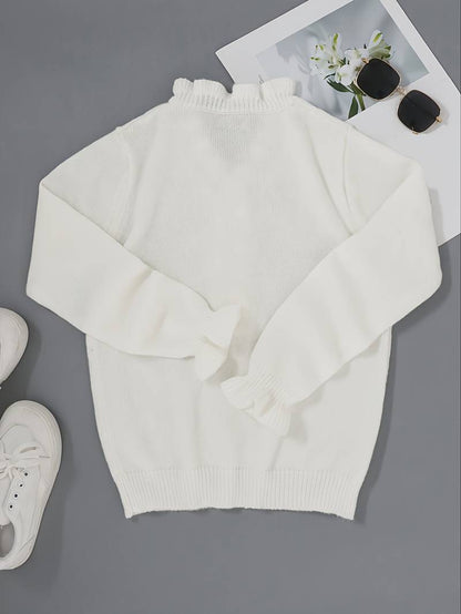 Kristi | Ruffle Trim V Neck Jewel Button Long Sleeve Knit Blouse