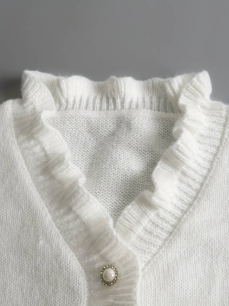 Kristi | Ruffle Trim V Neck Jewel Button Long Sleeve Knit Blouse