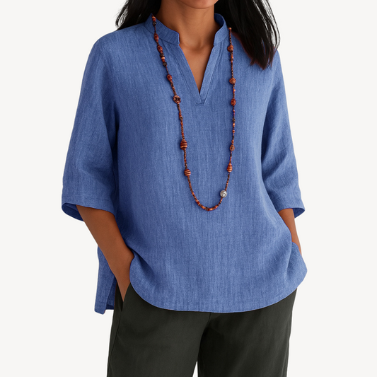 Sage | Notched V Neck 3/4 Sleeve Relaxed Linen Blend Tunic Top
